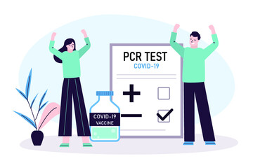 Characters rejoice at negative PCR test. Ampoule with vaccine against coronavirus. Happy people with test results. Testing population for covid-19. Disease infection diagnostics. Vector illustration