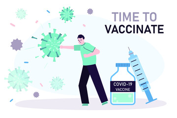 Male character defeats virus with vaccine. Vaccinated man fighting coronavirus. Tube with vaccine dose from covid-19. Protection and prevention from disease. Time to vaccinate.Flat vector illustration
