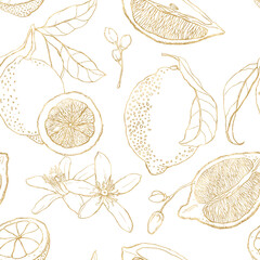 Watercolor seamless pattern of linear lemons, gold leaves and blooming flowers. Hand painted fresh fruits isolated on white background. Tasty food illustration for design, print, fabric or background.