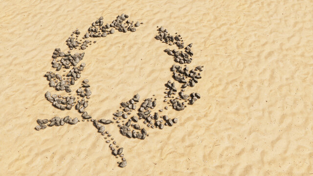 Concept conceptual stones on beach sand handmade symbol shape, golden sandy background, laurel wreaths sign. 3d illustration metaphor for victory, winning, success, achievement, triumph, celebration
