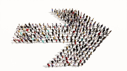 Concept conceptual large community of people forming the road sign. 3d illustration metaphor for navigation, strategy, journey, guidance, choice and decision