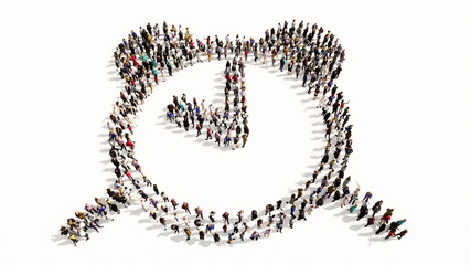 Concept conceptual large community of people forming the alarm clock icon. 3d illustration metaphor for time, countdown, notification, intenet, application and deadline