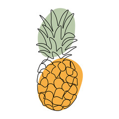 Continuous one line drawing pineapple. Vector illustration. Black line art on white background with colorful spots. Cartoon pineapple isolated on white background.  Vegan concept