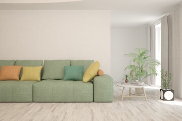 White living room with sofa. Scandinavian interior design. 3D illustration