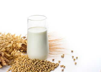 Vegan soy milk, rice milk, oat milk, dairy-free alternative milk. Soybeans and ears of cereals.