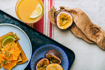 Crepes Or Thin Pancakes With Delicious passion fruit and lime.