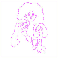 Three beautiful different  women  stand together. Abstract line minimal portrait of girls face to face. Concept of sisterhood and females friendship. Vector illustration. Girls power
