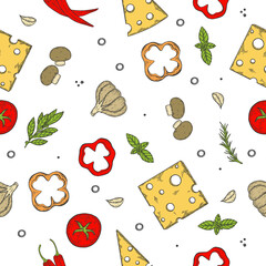 Pizza ingredients background. Tomato, garlic, basil, olive, pepper, mushroom, leaf.