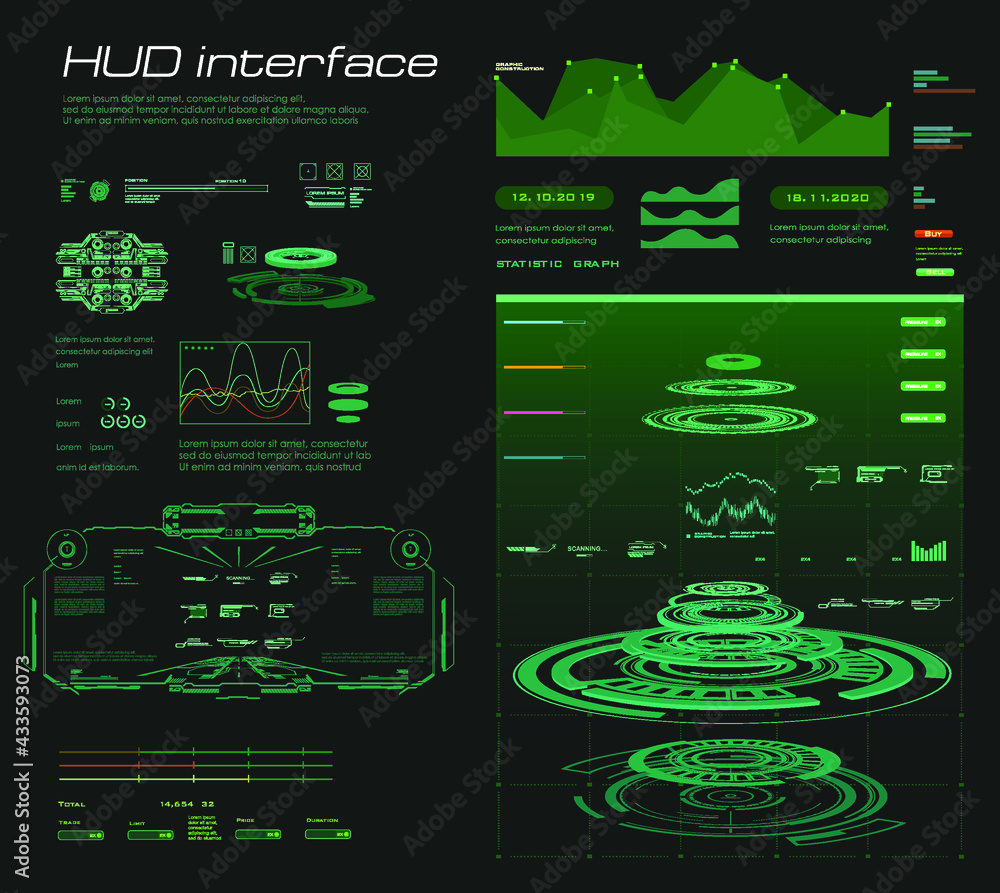 Poster futuristic green interface hud, gui, ui. custom panel with green portals hologram and object scannin