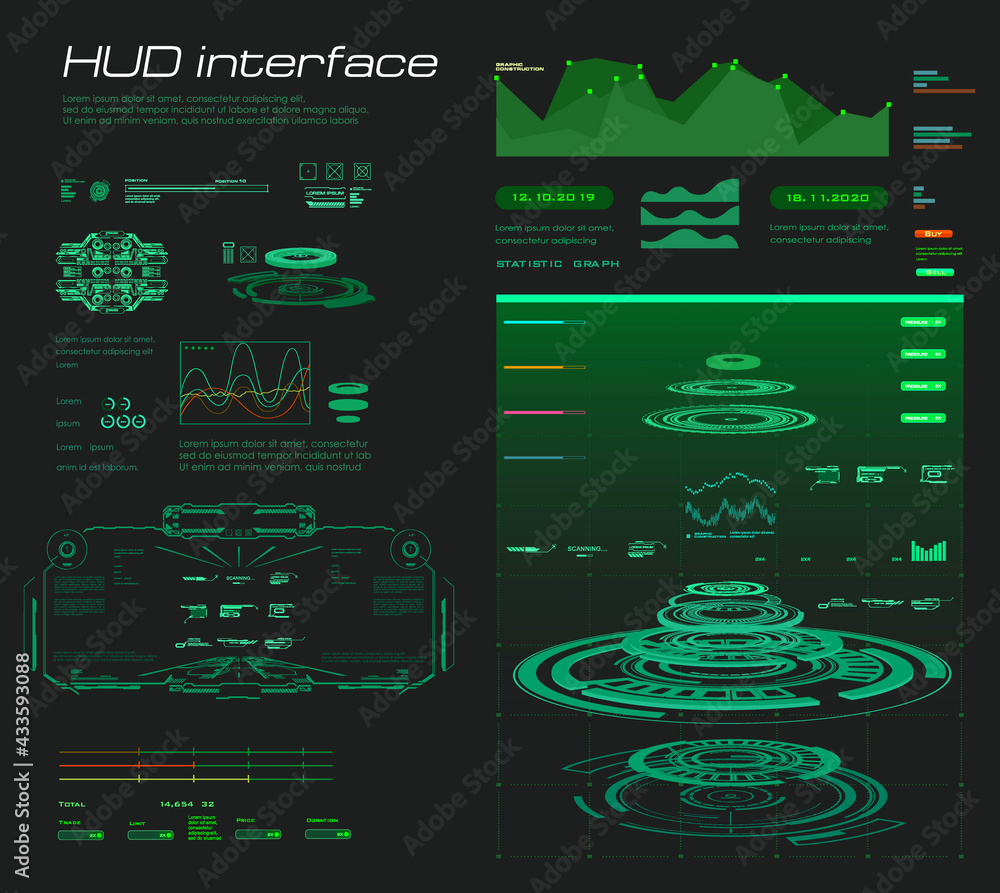 Poster futuristic green interface hud, gui, ui. custom panel with green portals hologram and object scannin