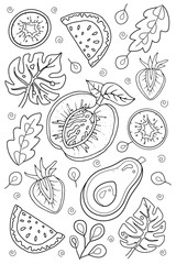 Fototapeta na wymiar Hand drawn coloring page for kids and adults. Summer tropical fruits. Beautiful drawing with patterns and small details. Coloring book pictures. Vector