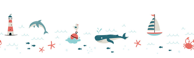 Cute hand drawn marine seamless pattern, lovely creatures, lighthouse, ship and decoration, background, great for children's textiles, banners, wallpapers, wrapping, swimsuits - vector design