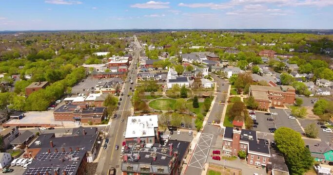 Stoneham historic center aerial view including Town Common, Town Hall and First Congregational church on Main Street in town of Stoneham, Massachusetts MA, USA. 