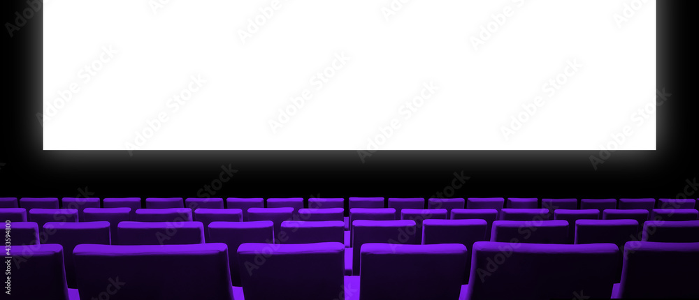 Canvas Prints Cinema movie theatre with purple seats and a blank white screen. Horizontal banner