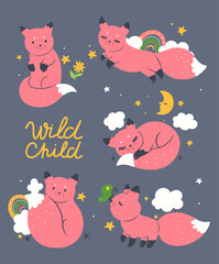 Greeting card of cute foxes and the inscription wild child . Vector graphics.