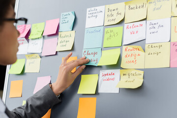 African american businesswoman on blurred foreground applying sticky note