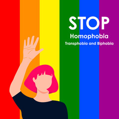 Stop Homophobia. LGBT woman with pink hair raised her hand in protest. May 17 - The International Day Against Homophobia, Transphobia and Biphobia. Vector illustration in flat style.