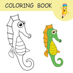 Coloring book with cute Sea Horse. Colorless and color samples ocean creature on coloring page for kids. Coloring design in cute cartoon style. Black contour silhouette with a sample for coloring.