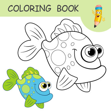 Coloring book with funny ocean Fish. Colorless and color samples sea fish on coloring page for kids. Coloring design in cute cartoon style. Black contour silhouette with a sample for coloring.