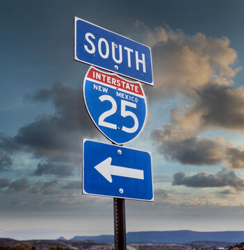 Highway sign. Interstate Highway South 25 New Mexico USA. Sunset