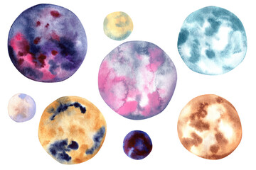 Set of colorful watercolor planets. For cards, decor and design. 
