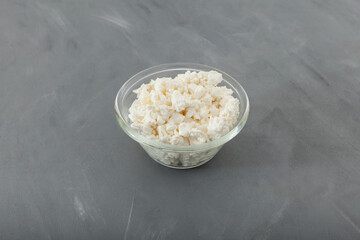 Chaana - homemade unripened cheese. Bengali or indian cuisine. Cottage cheese in clear bowl on grey background