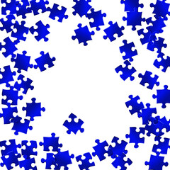 Game conundrum jigsaw puzzle dark blue parts vector illustration. Scatter of puzzle pieces isolated on white. Cooperation abstract concept. Jigsaw match elements.