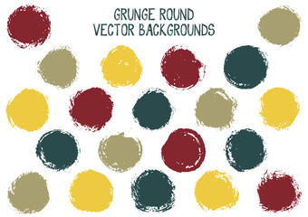 Vector grunge circles design. Trendy post stamp texture circle scratched label backgrounds. Circular icon, ink logo shape, oval button elements. Grunge round shape banner backgrounds set.