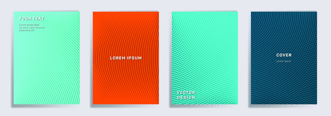 Semicircle lines halftone covers vector collection. Trendy brochure title page layouts. Banners, posters, flyers backgrounds with halftone gradient patterns. Overlaping semicircles prints.