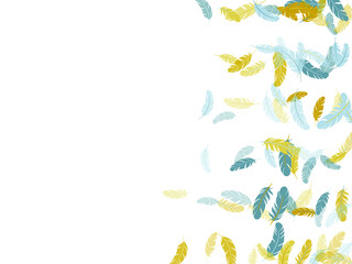 Simple silver gold feathers vector background. Smooth plumelet tribal ornate graphics. Flying feather elements airy vector design. Plumage trendy fashion shower decor.