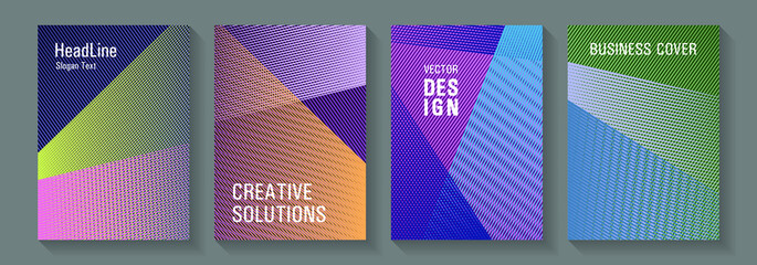 Linear geometry poster vector templates. Futuristic publication papers. Stationery notebook covers design set. Cool triangles compositions. Editable web landing page graphics.