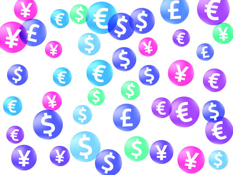 Euro dollar pound yen circle signs scatter currency vector design. Commerce backdrop. Currency icons british, japanese, european, american money exchange elements wallpaper.