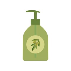 Liquid olive soap green bottle with pump isolated on white background. Vector illustration