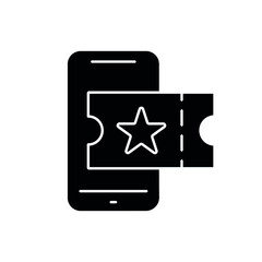 Online ticket on phone glyph icon. Cinema. Vector isolated black illustration.