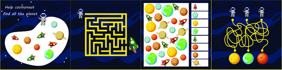 Kids mini games for development. Space maze. I spy. Count the planet. Colorful vector illustration in flat style.