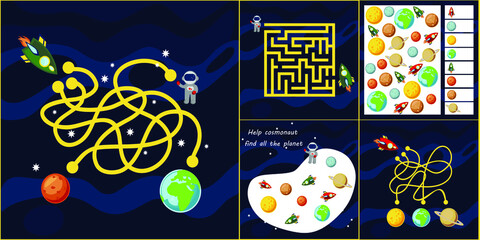 Kids mini games for development. Space maze. I spy. Count the planet. Colorful vector illustration in flat style.