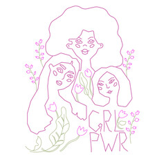 Three different beautiful girls who are close to each other. They are happy and smiling. Girls power