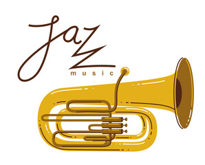 Obraz premium Jazz music emblem or logo vector flat style illustration isolated, tuba logotype for recording label or studio or musical band.