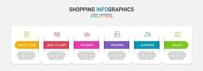 Concept of shopping process with 6 successive steps. Six colorful graphic elements. Timeline design for brochure, presentation, web site. Infographic design layout.