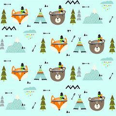 Scandinavian pattern. Animals, fox, bear, wigwam, mountains, ascetic © olga