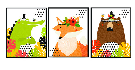 Posters with animals. Cartoon characters. Cartoon animals.crocodile, fox,bear