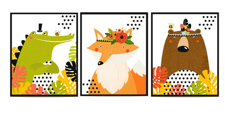 Posters with animals. Cartoon characters. Cartoon animals.crocodile, fox,bear