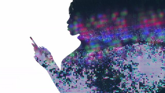 Social network. Silhouette black woman. Mobile input. Internet security. Profile african lady scrolling smartphone double exposure glitch pixel neon lights blur isolated white copy space.