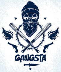 Criminal tattoo ,gang emblem or logo with aggressive skull baseball bats and other weapons and design elements, vector, bandit ghetto vintage style, gangster anarchy or mafia theme. - obrazy, fototapety, plakaty
