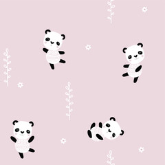 Pink background with cute pandas. Cartoon pandas.