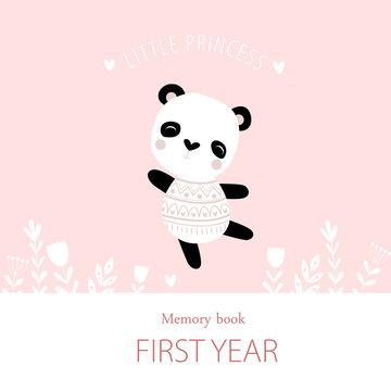 The pink cover of the photo album for girls "our little princess" by a panda. Poster, postcard, metric. Memory book for photos.
