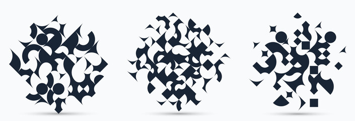 Abstract geometric designs set vector pattern compositions, black and white 70s retro style templates art isolated over white, creative elegant backgrounds.