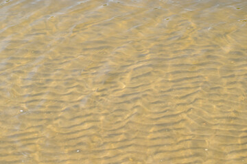 River water, river bank, waves and sun glare, water texture on a city beach in sunny weather.