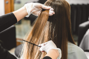 Master hairdresser combs the girl's hair after washing and before styling in a beauty salon.