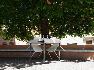 Piazza della Repubblica, Parco della Luna, public garden in the downtown. Summer expanse of a restaurant. Outdoor table in the shade of a mulberry tree.